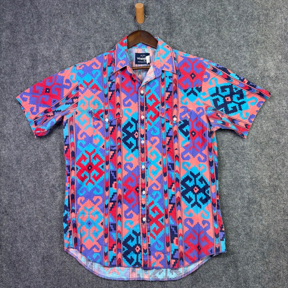 Wrangler Western Shirt Mens L Multi Southwestern Aztec Print Pearl Snap Vintage
